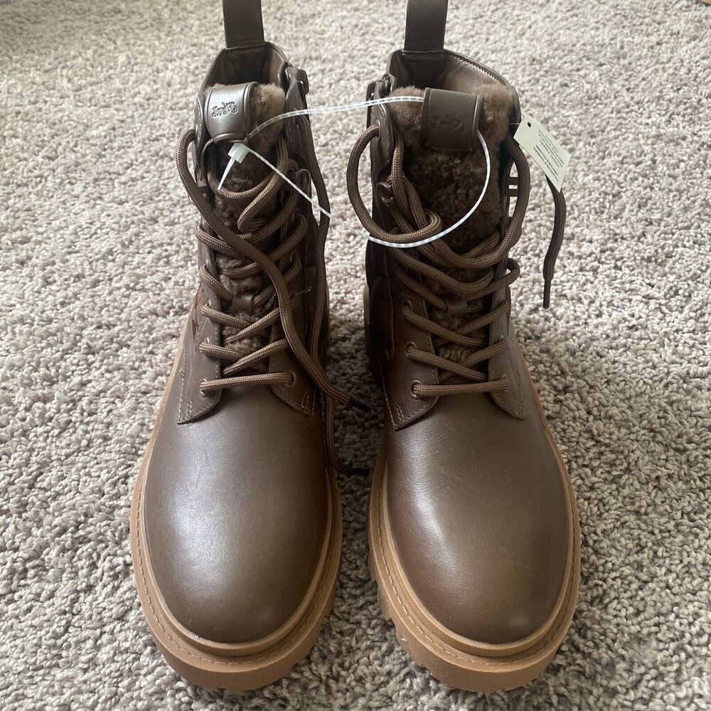 Coach Citysole Leather Lace Up Boots With Shearling Men's Size 7.5 Polyester New
